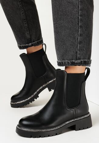 Czarne Botki Sztyblety z Gumką w Cholewce z Brokatowym Paskiem Perseus