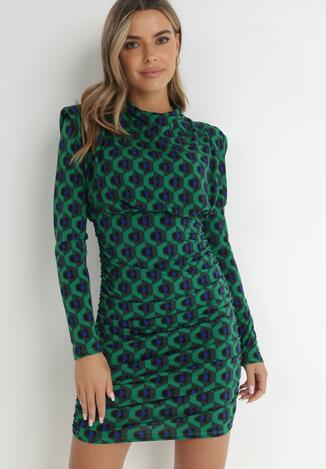 Zielona Sukienka Dopasowana w Geometryczny Wzór Bozi