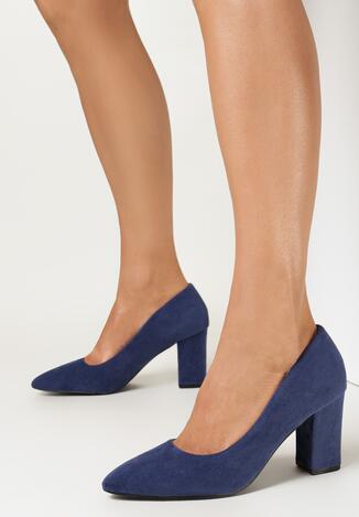 Granatowe Czółenka na Słupku z Wkładką ze Skóry Naturalnej Ramaa