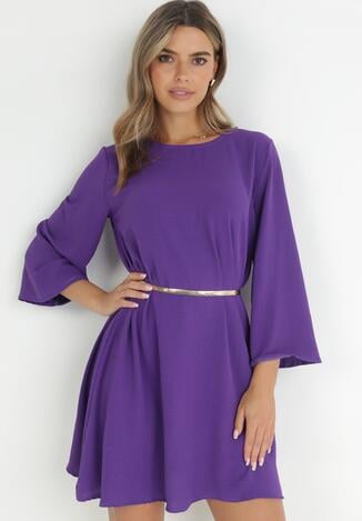 Ciemnofioletowa Sukienka Oversize z Łańcuszkowym Paskiem Kirle