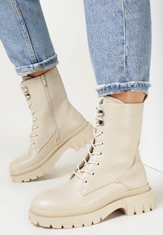 Beżowe Botki Workery ze Sznurowaniem Finno