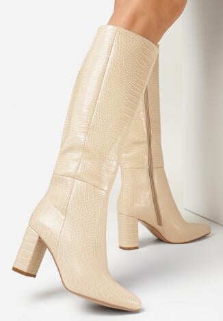 Beżowe Kozaki na Słupku z Tłoczeniem Skóry Krokodyla Valmi