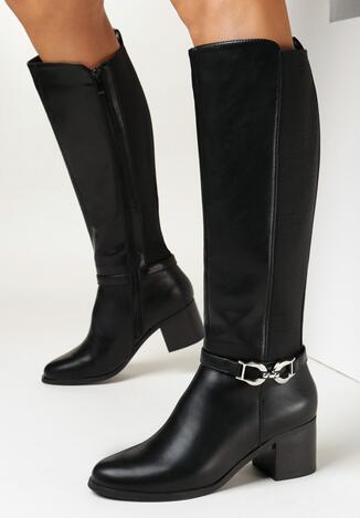 Czarne Kozaki na Słupku z Elastyczną Cholewką z Tyłu i Klamerką Vohi