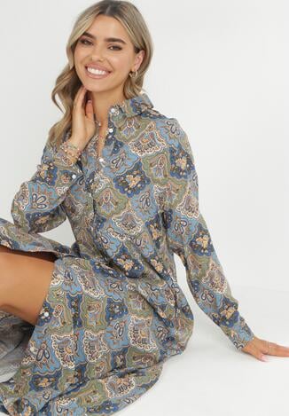 Niebiesko-Zielona Sukienka Koszulowa we Wzór Paisley Melli