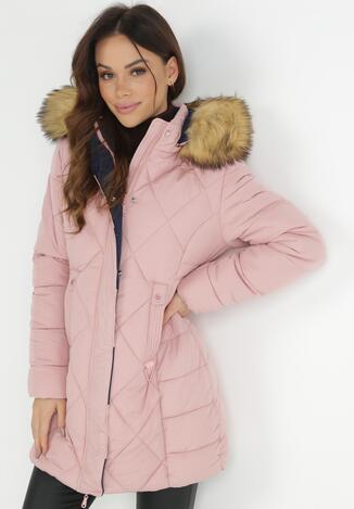 Różowa Kurtka Pikowana z Kapturem z Futerkiem Kittie