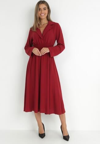 Bordowa Sukienka z Kołnierzykiem i Marszczoną Gumką w Talii Zali