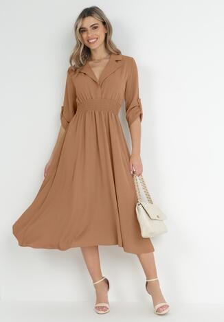 Beżowa Sukienka z Kołnierzykiem i Marszczoną Gumką w Talii Zali