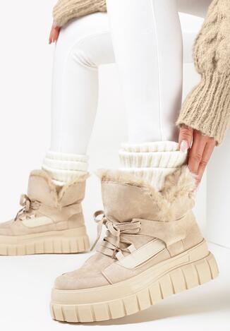 Beżowe Śniegowce na Platformie z Futerkiem Veli