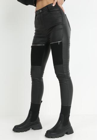 Czarne Spodnie Skinny z Imitacji Skóry z Suwakami Nedomi