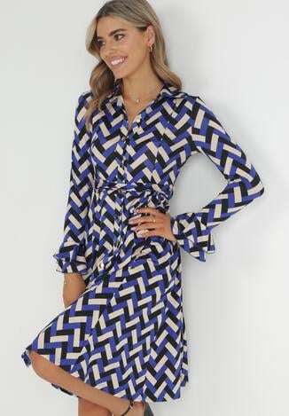 Granatowa Sukienka Koszulowa w Geometryczny Wzór Looroc