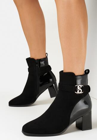 Czarne Botki na Obcasie z Ozdobną Klamerką Flallia