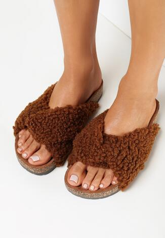 Brązowe Klapki na Korkowej Podeszwie z Futrzanymi Paskami Phemini