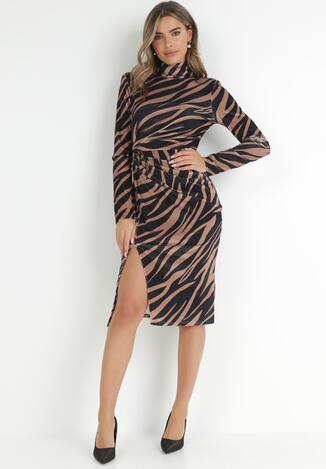 Brązowo-Czarna Welurowa Sukienka w Marmurkowy Wzór z Golfem i Marszczeniem Avia