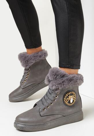Szare Botki Sznurowane z Naszywką i Futerkiem Nolki