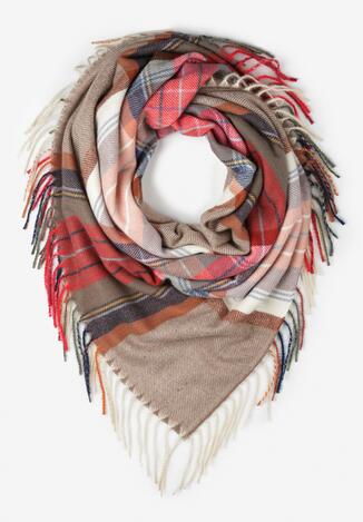 Ciemnobeżowy Szalik z Bawełną i Wiskozą w Kratę z Frędzlami Cako