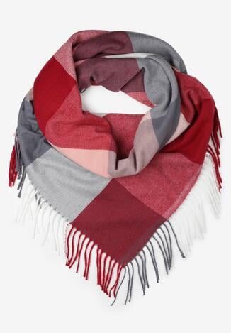 Bordowy Szalik z Bawełną i Wiskozą w Kolorową Kratę Doze