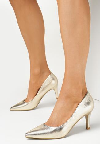 Złote Czółenka Błyszczące ze Skórzaną Wkładką Loviro