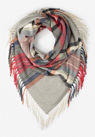 Szary Szalik z Bawełną i Wiskozą w Kratę z Frędzlami Cako