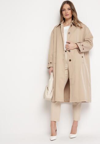 Beżowy Płaszcz Trencz Oversize na Guziki Kalei