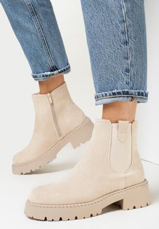 Jasnobeżowe Botki Sztyblety z Elastyczną Wstawką Manuvia