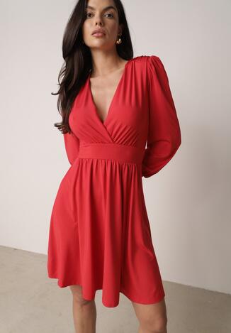 Czerwona Sukienka Kopertowa Taliowana Maecenus