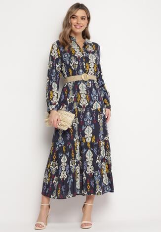 Granatowa Sukienka Koszulowa Rozkloszowana Delirime