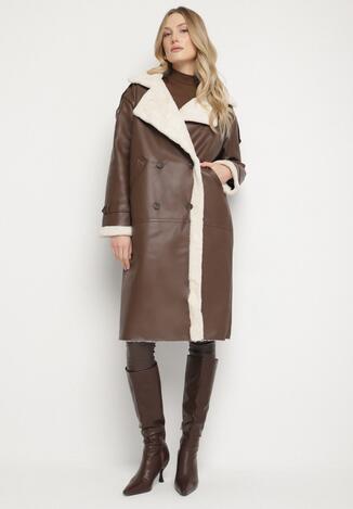 Brązowy Długi Płaszcz Oversize z Imitacji Skóry i Futerkiem Celis