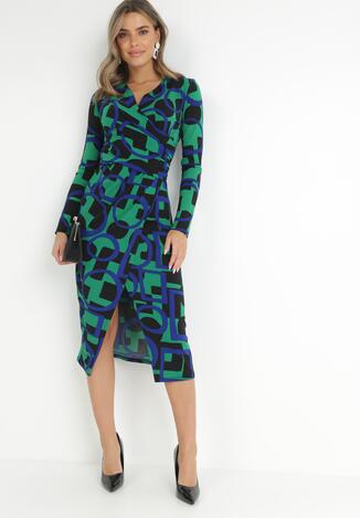 Zielona Sukienka Dzianinowa w Geometryczny Wzór Limo