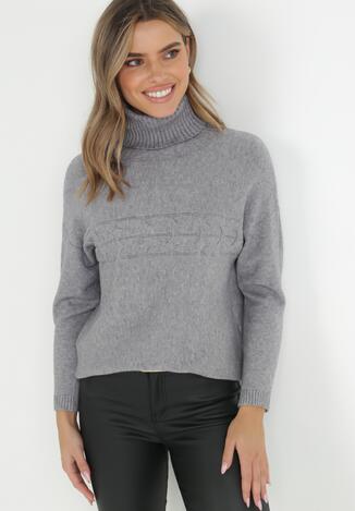 Szary Golf Oversize z Dekoracyjnym Splotem Beho