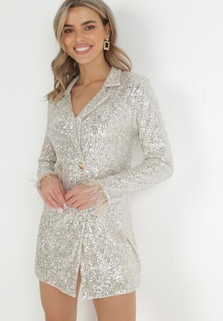 Beżowa Cekinowa Sukienka Marynarka z Piórkami na Rękawach Talmi