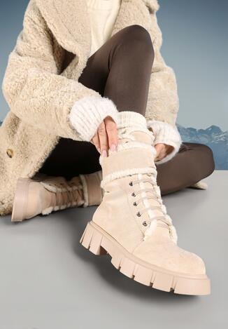 Beżowe Botki Workery z Futerkiem Kyame