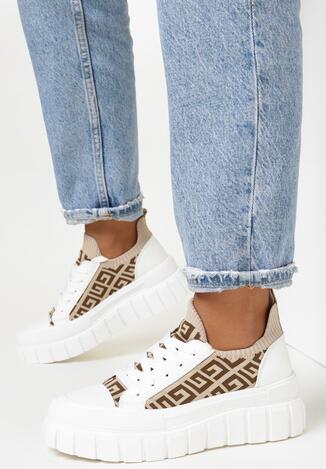 Biało-Beżowe Sneakersy na Platformie z Geometrycznym Wzorem Lallana