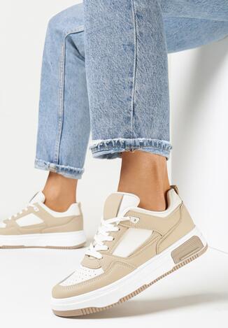 Biało-Beżowe Sneakersy Sznurowane ze Wstawkami Clavres