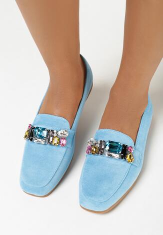 Niebieskie Mokasyny Na Płaskim Obcasie z Kryształkami Emasi