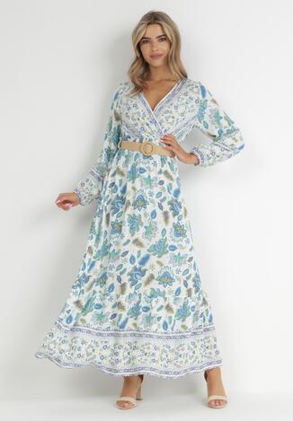 Niebiesko-Biała Sukienka w Kwiaty Rozkloszowana z Paskiem Hosifar