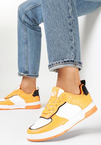 Pomarańczowe Sneakersy z Imitacji Skóry Zdobione Wstawkami Naini