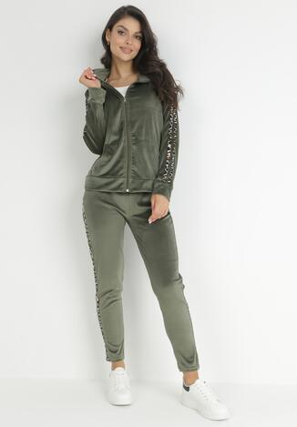 Zielony 2-częściowy Welurowy Komplet Dresowy z Lampasami Delan