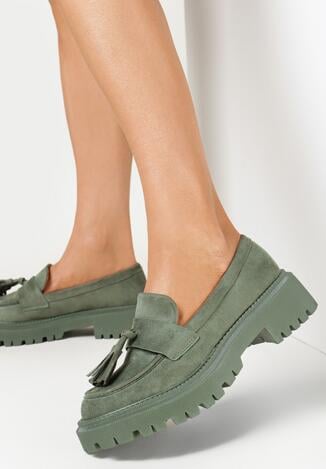 Zielone Mokasyny z Chwostami Na Grubej Podeszwie Eidne