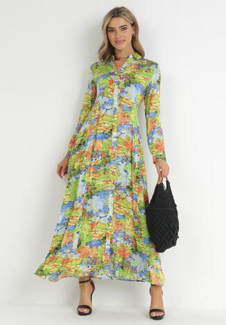 Jasnozielona Koszulowa Sukienka Maxi w Abstrakcyjny Roślinny Wzór Giuletta