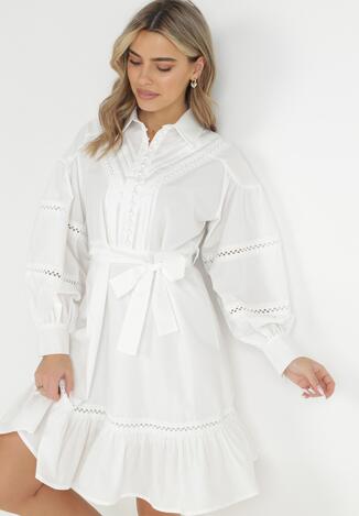 Biała Koszulowa Sukienka z Bufiastym Rękawem i Ażurowymi Wstawkami Staples
