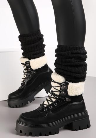 Czarne Traperki na Podeszwie z Protektorem i Futerkiem Alling