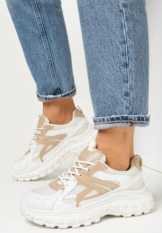 Biało-Beżowe Sznurowane Sneakersy na Grubej Podeszwie z Ozdobnymi Wstawkami Yifa