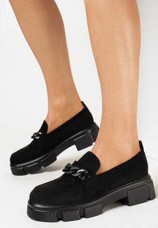 Czarne Mokasyny z Imitacji Zamszu z Łańcuchem Awilda
