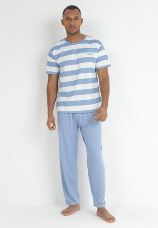Jasnoniebieski 2-częściowy Komplet Piżamowy z Bluzką w Paski i Spodniami Mito