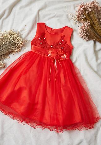 Czerwona Sukienka z Cyrkoniami Kwiatami i Tiulem Deserae