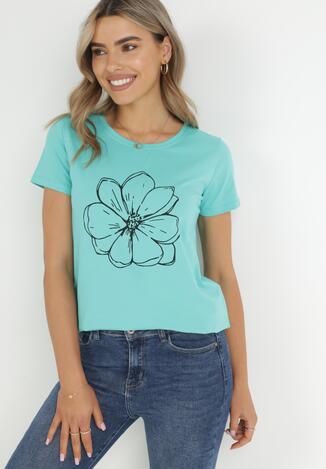 Miętowy T-shirt z Krótkim Rękawem i Nadrukiem Thetrin