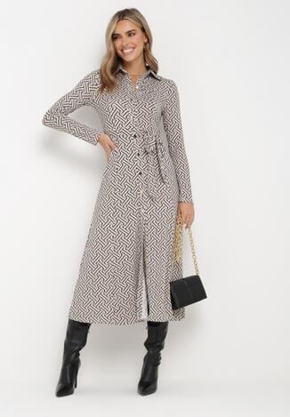 Beżowa Sukienka Maxi z Kołnierzem i Materiałowym Paskiem Soline