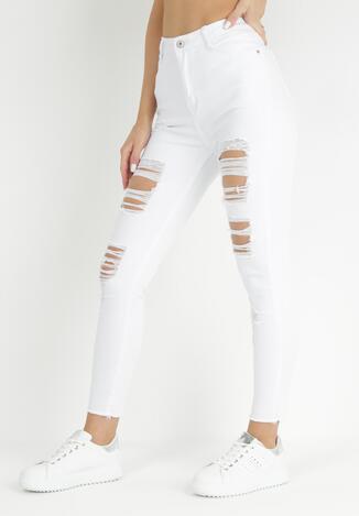 Białe Jeansy Skinny z Wysokim Stanem i Dziurami Lillyan