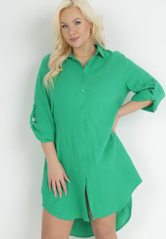 Zielona Koszulowa Sukienka Mini z Bawełny Przedłużona z Tyłu Annica