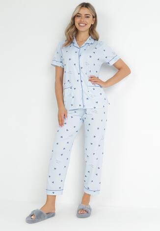 Niebieski 2-częściowy Komplet Piżamowy z Koszulą i Spodniami z Gumką w Pasie Apoda